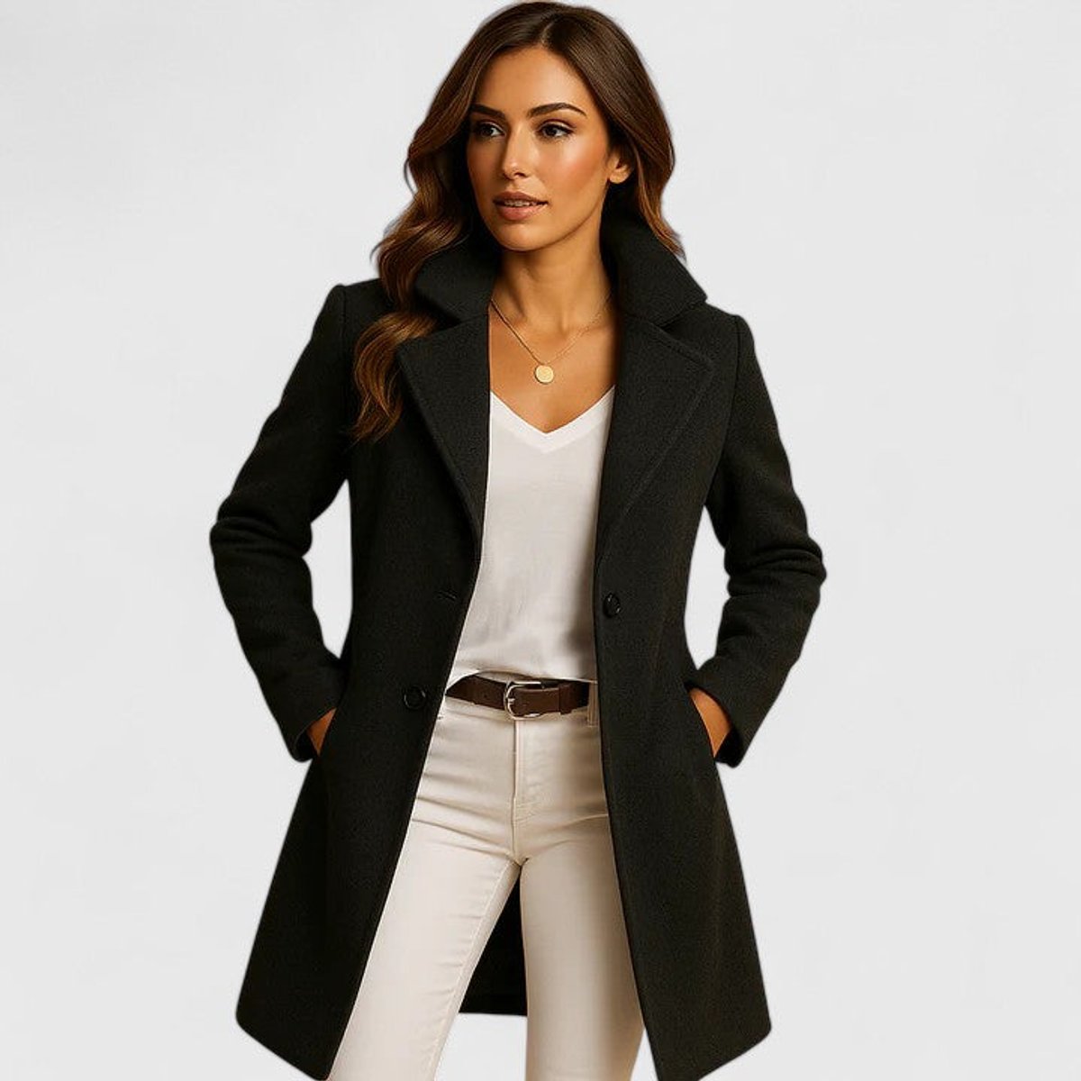 Damen eleganter langer Mantel mit Reverskragen, Knopfleiste und tailliertem Schnitt