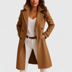 Damen eleganter langer Mantel mit Reverskragen, Knopfleiste und tailliertem Schnitt