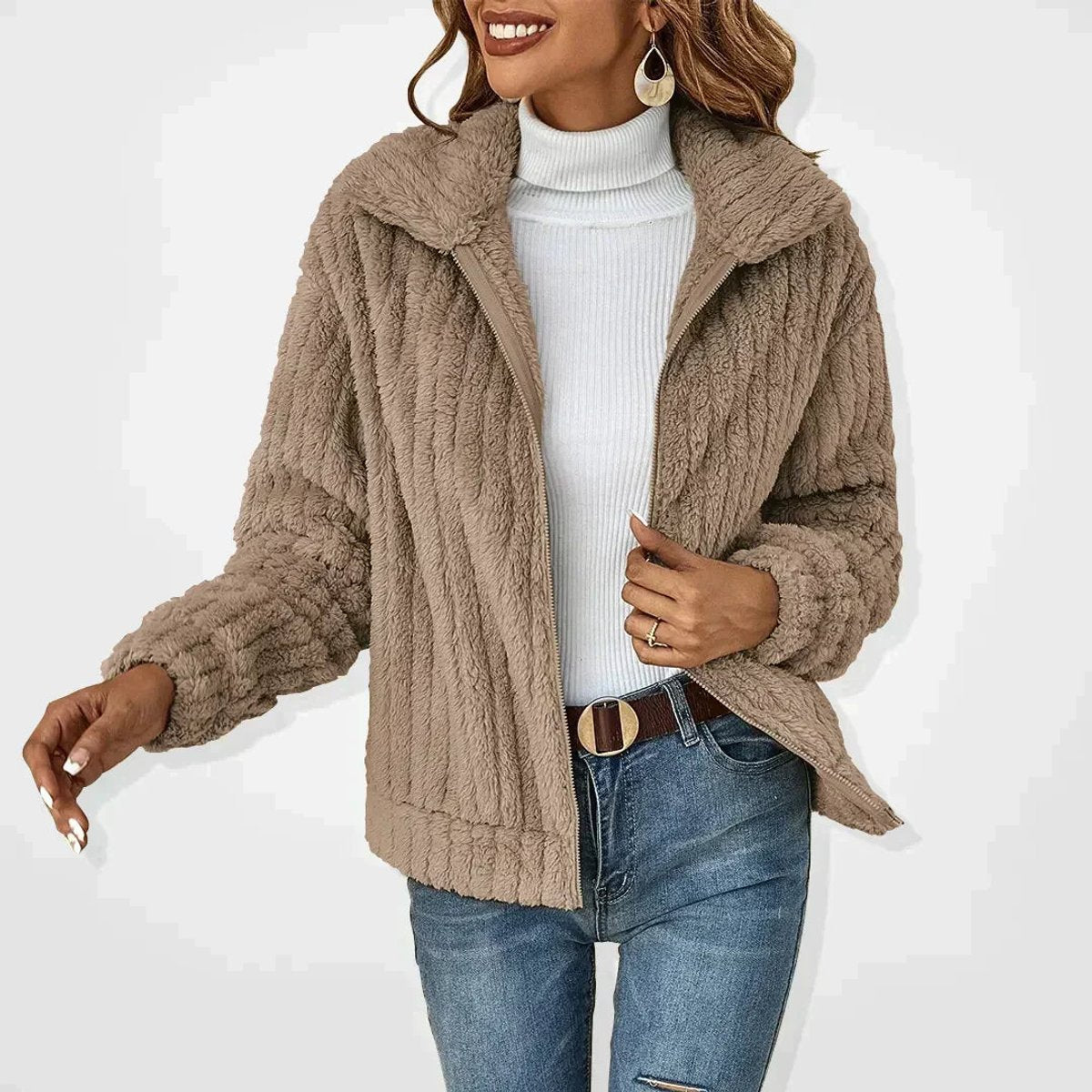 Damen flauschiger Oversized-Cardigan mit Reißverschluss und Umlegekragen