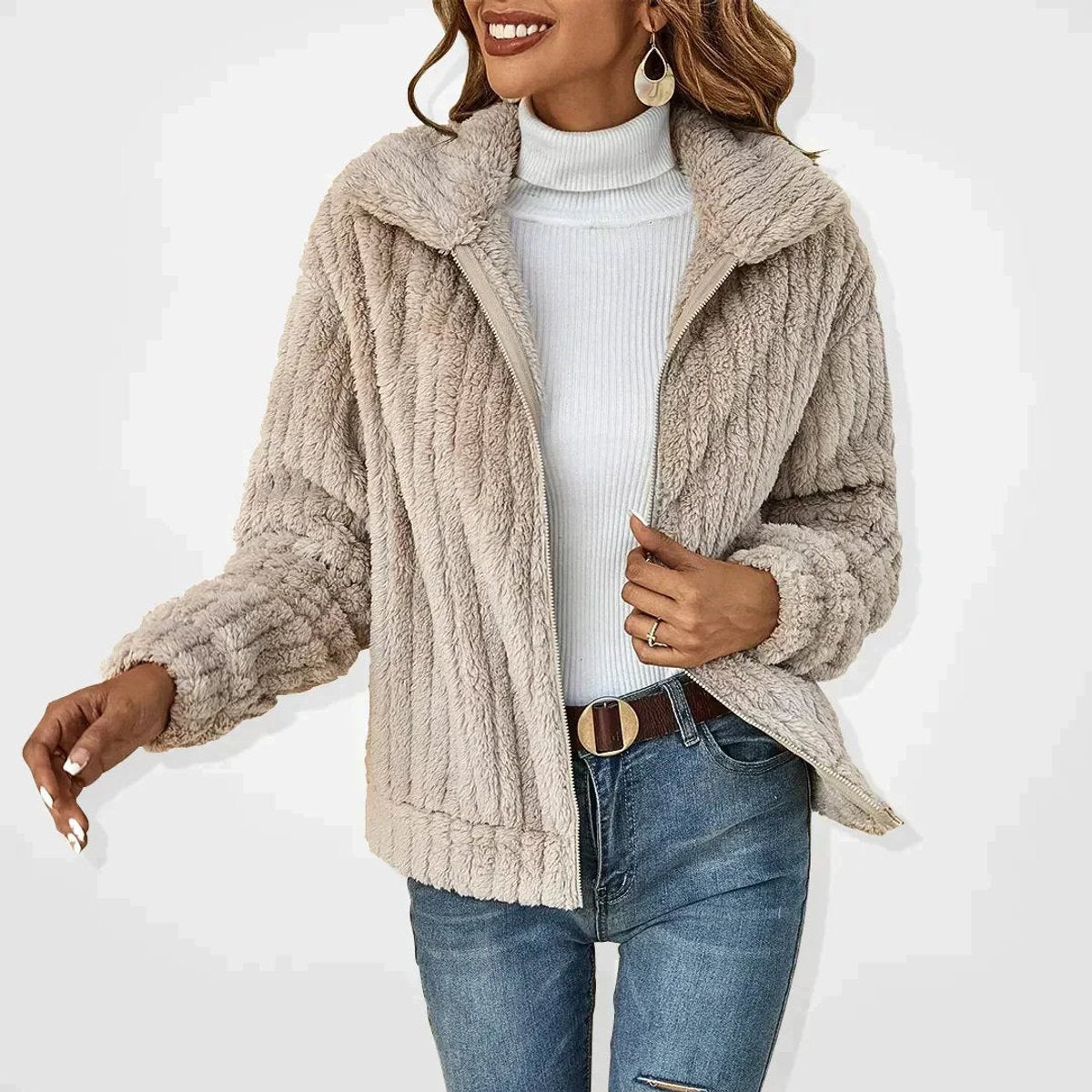 Damen flauschiger Oversized-Cardigan mit Reißverschluss und Umlegekragen