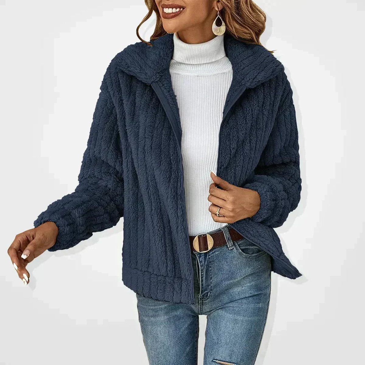 Damen flauschiger Oversized-Cardigan mit Reißverschluss und Umlegekragen
