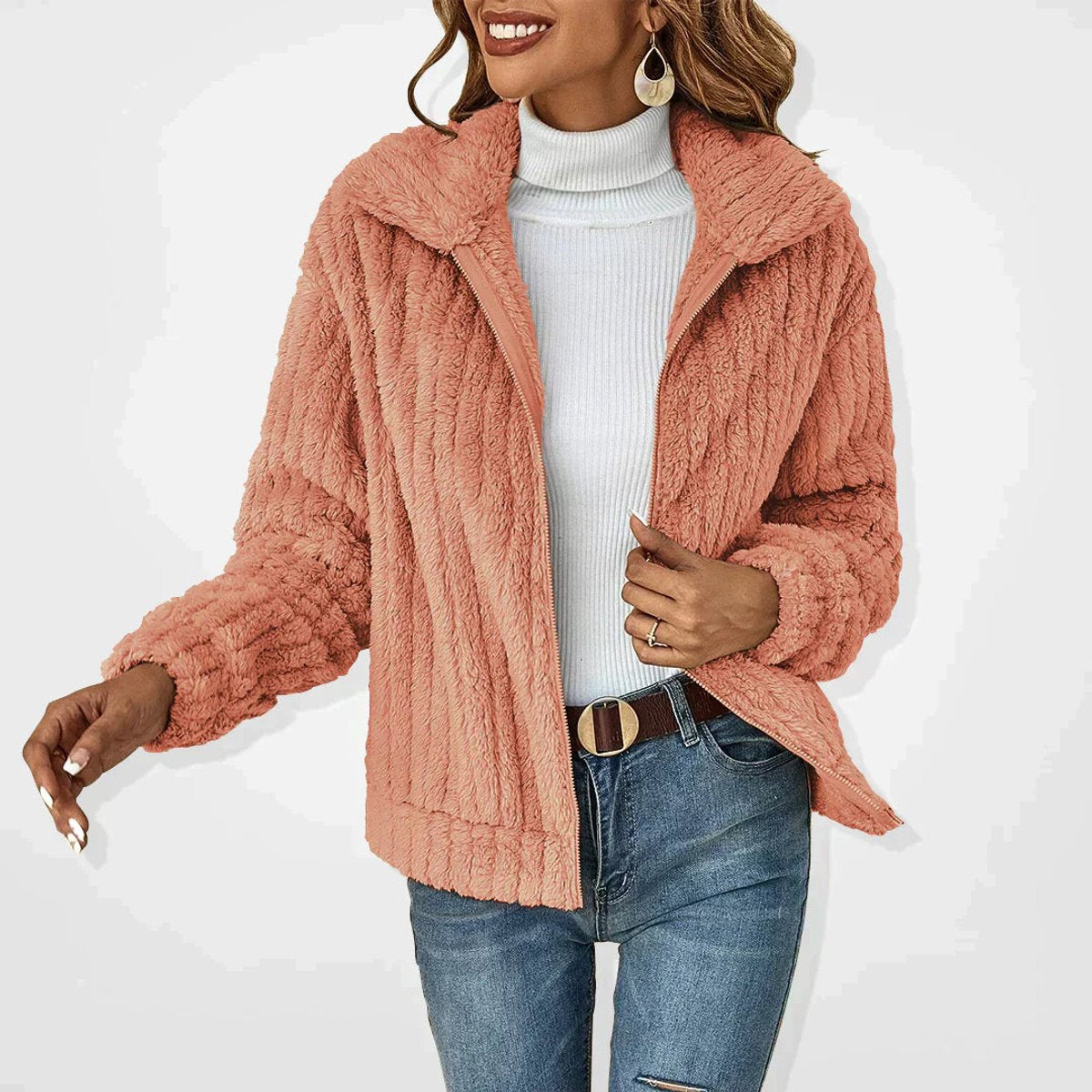 Damen flauschiger Oversized-Cardigan mit Reißverschluss und Umlegekragen