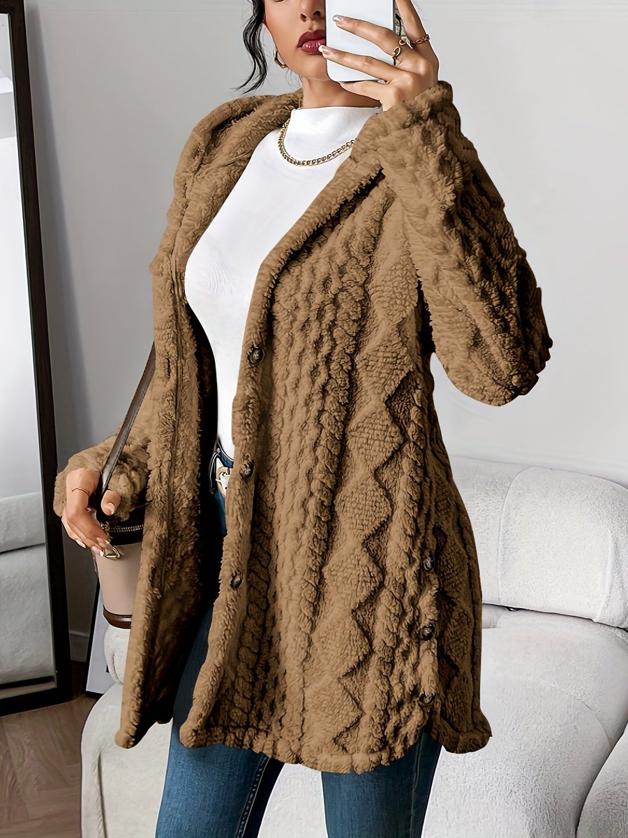 Damen flauschiger Oversized-Kapuzen-Cardigan mit Knopfleiste