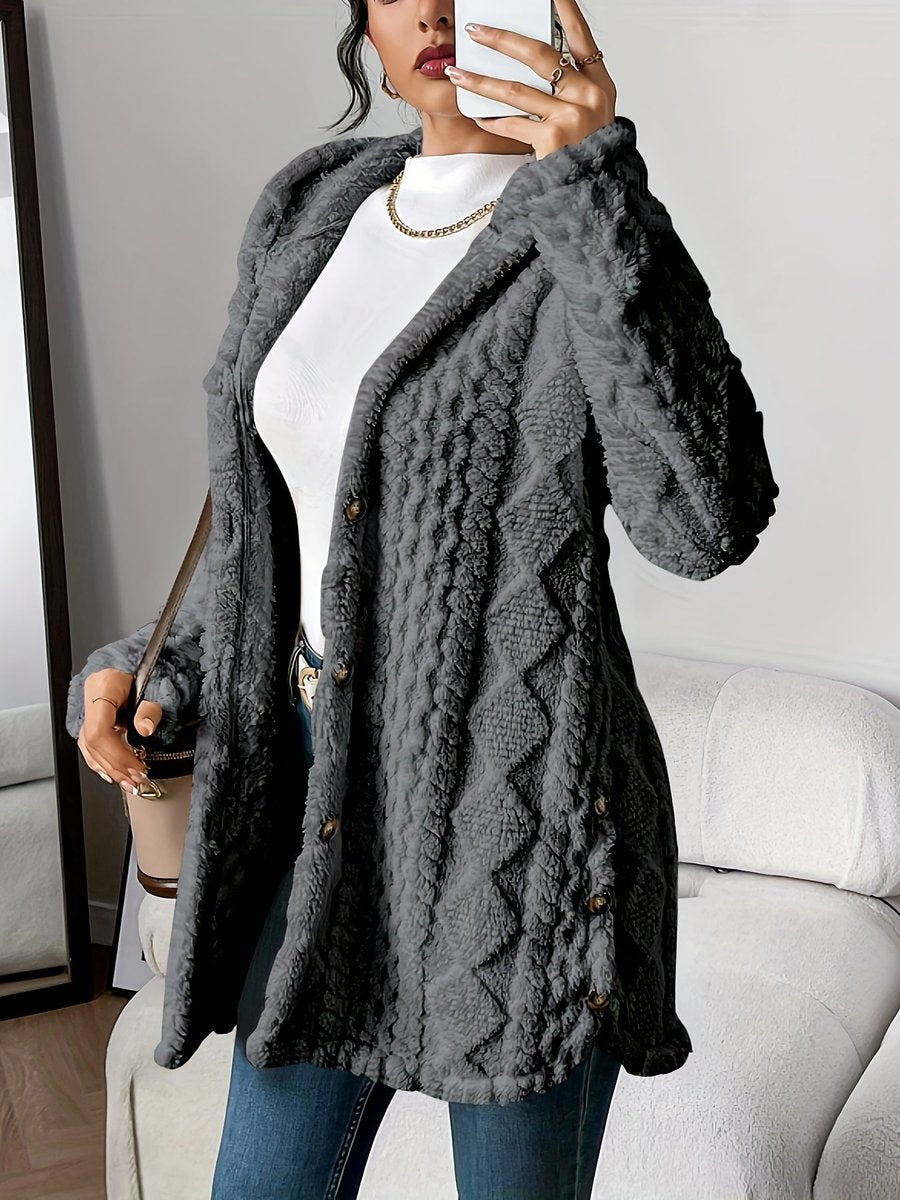 Damen flauschiger Oversized-Kapuzen-Cardigan mit Knopfleiste