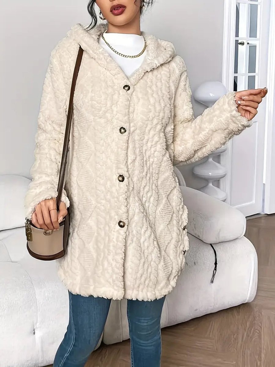Damen flauschiger Oversized-Kapuzen-Cardigan mit Knopfleiste
