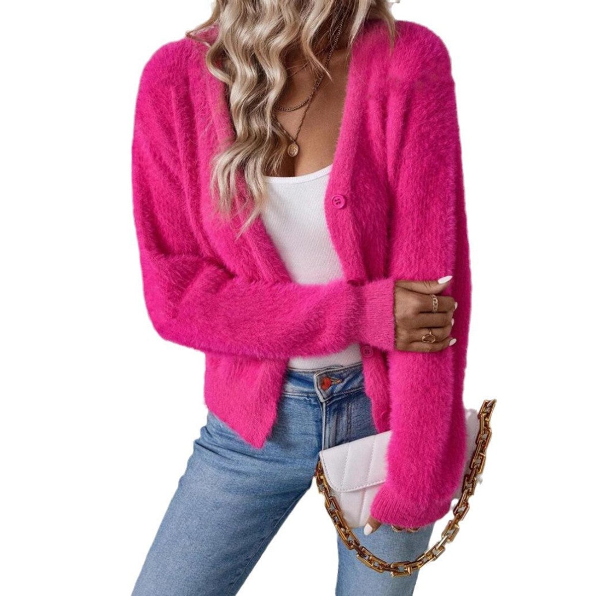 Damen flauschiger Strickcardigan mit V-Ausschnitt und Knopfleiste