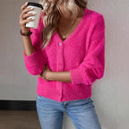 Damen flauschiger Strickcardigan mit V-Ausschnitt und Knopfleiste