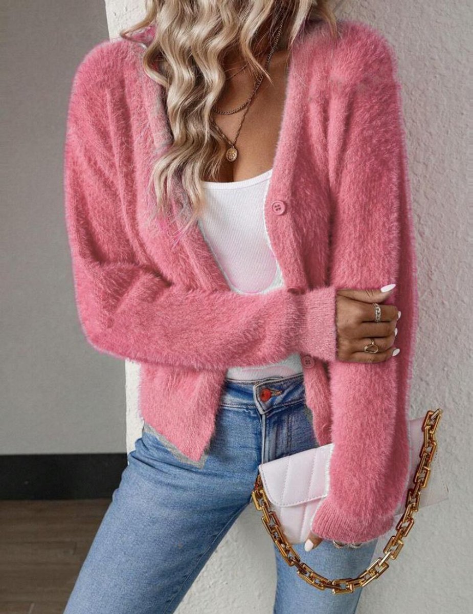 Damen flauschiger Strickcardigan mit V-Ausschnitt und Knopfleiste