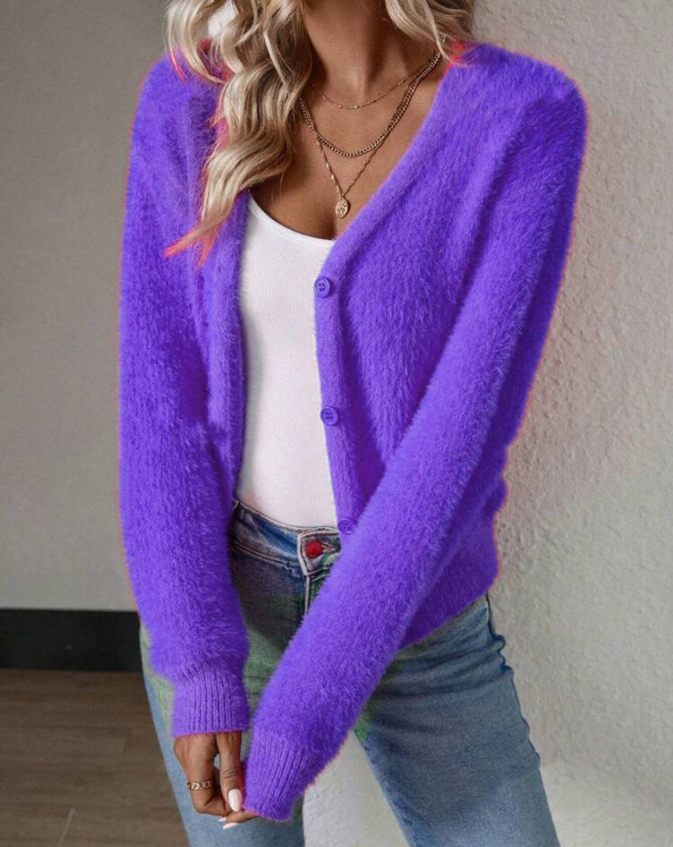 Damen flauschiger Strickcardigan mit V-Ausschnitt und Knopfleiste