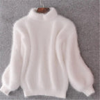 Damen flauschiger Winterpullover mit hohem Kragen