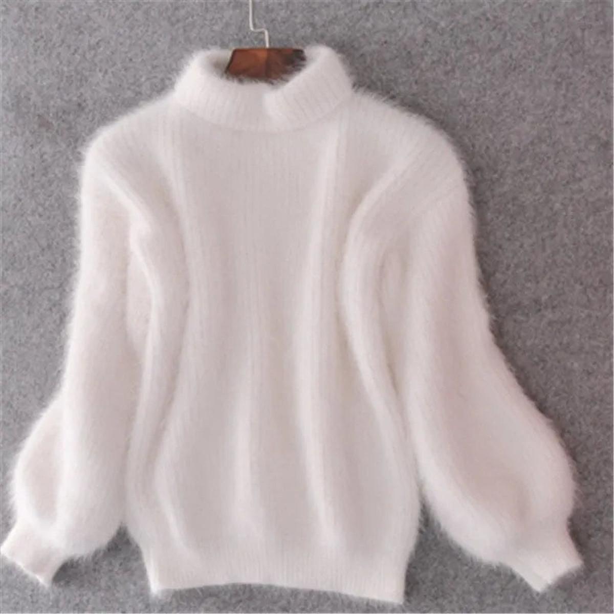 Damen flauschiger Winterpullover mit hohem Kragen