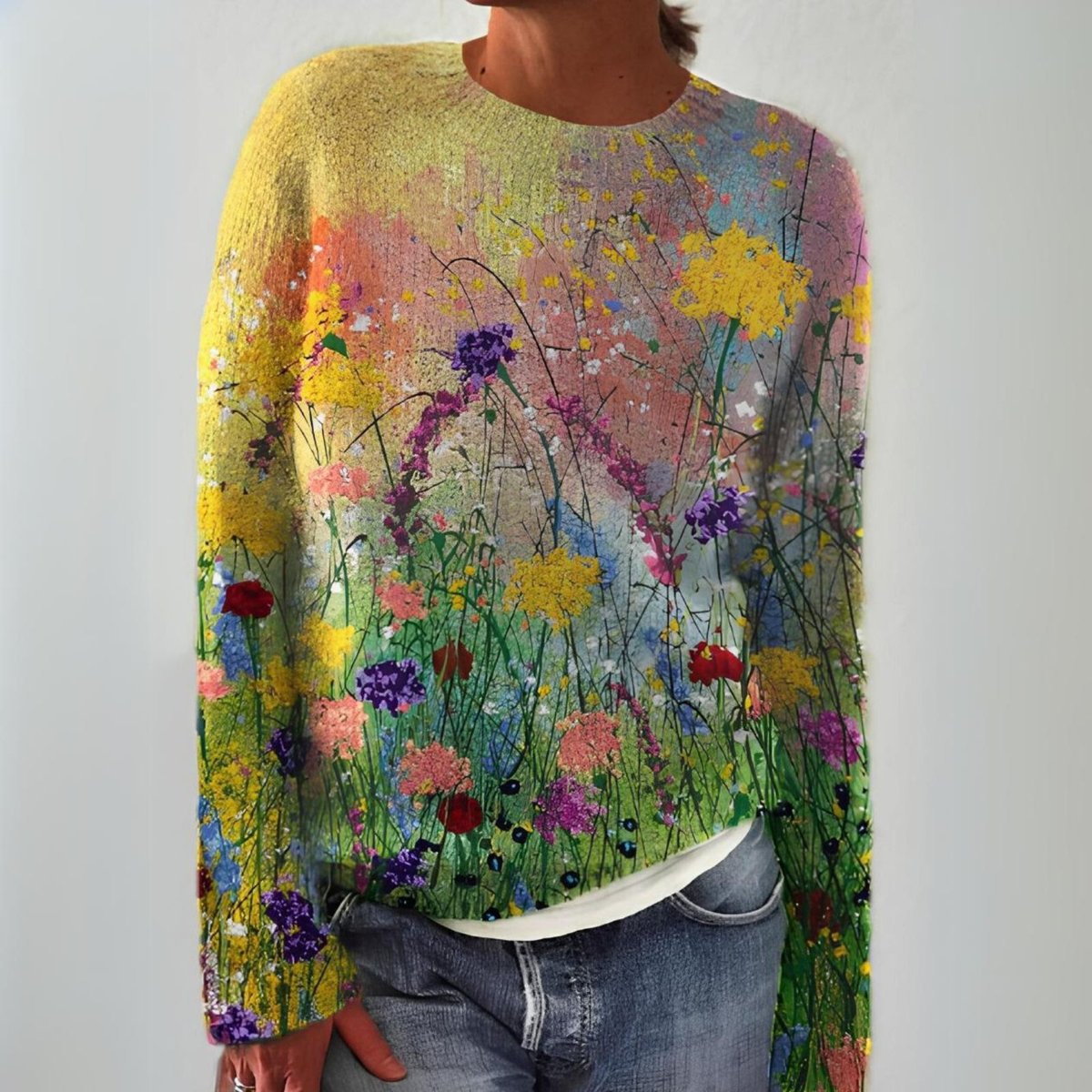 Damen floraler Langarm-Strickpullover mit Kunstblumen-Print