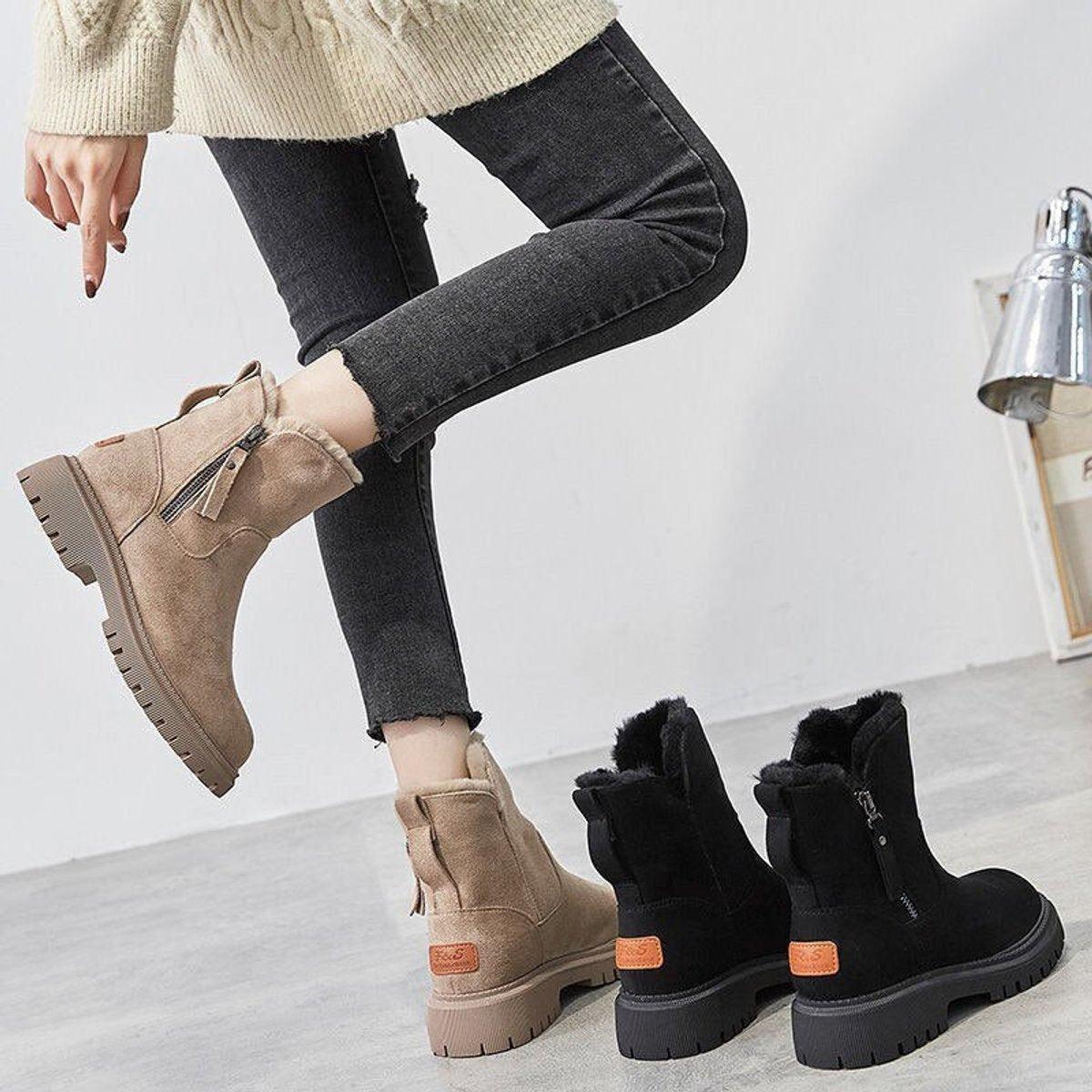 Damen gefütterte Wildleder Slip-On Ankle Boots mit Plateausohle