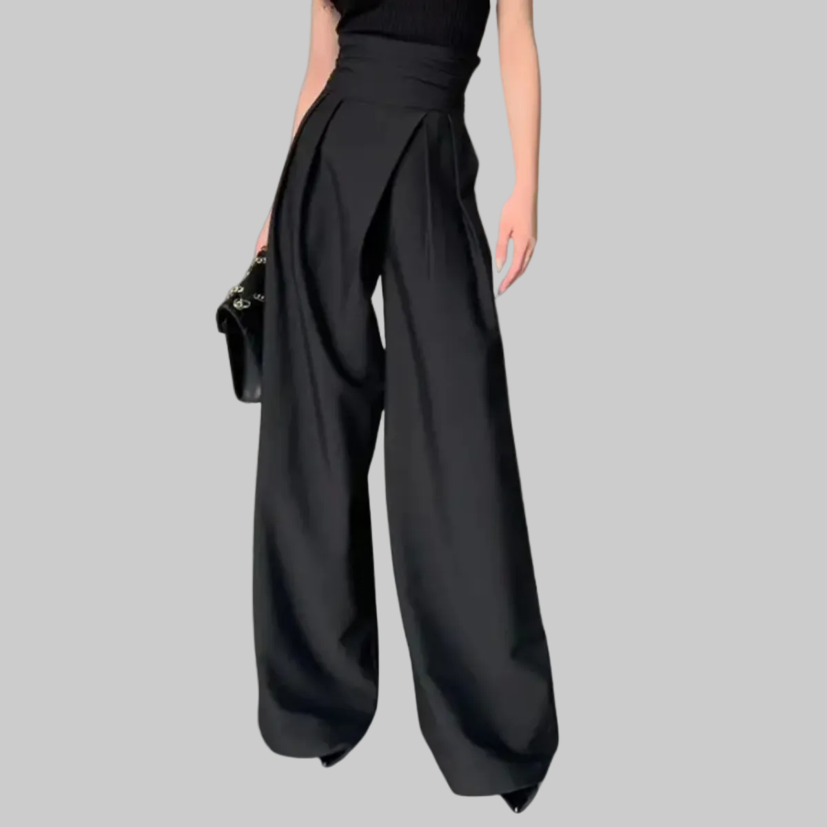 Damen Palazzohose schwarz High Waist – weite Hose mit Wickeloptik und Bundfalten