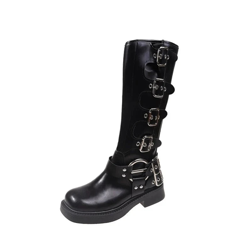 Damen kniehohe Gothic-Stiefel mit auffälligen Akzenten und robuster Verarbeitung