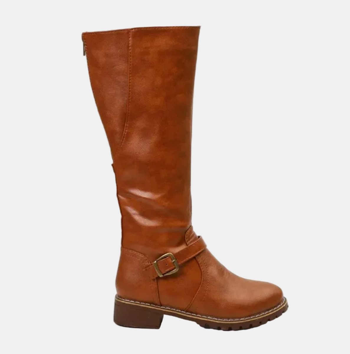Damen kniehohe Kunstlederstiefel mit Schnalle und seitlichem Reißverschluss