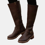 Damen kniehohe Kunstlederstiefel mit Schnalle und seitlichem Reißverschluss