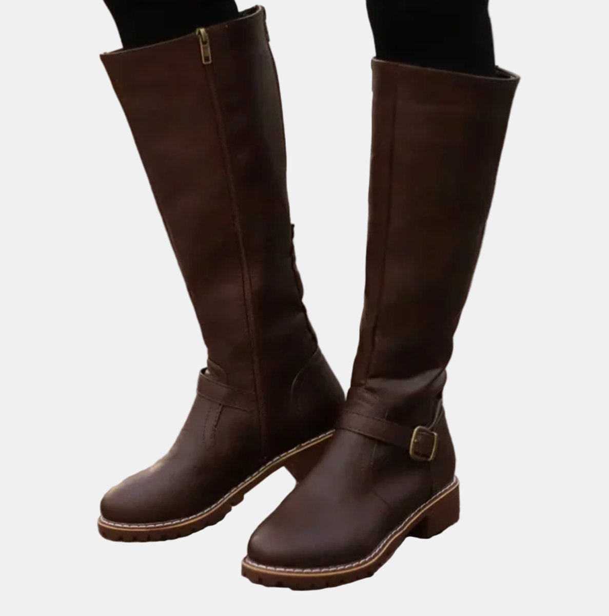 Damen kniehohe Kunstlederstiefel mit Schnalle und seitlichem Reißverschluss