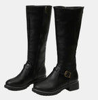 Damen kniehohe Kunstlederstiefel mit Schnalle und seitlichem Reißverschluss
