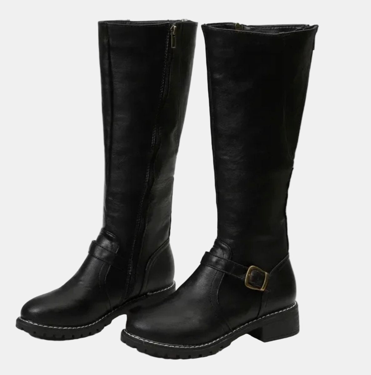 Damen kniehohe Kunstlederstiefel mit Schnalle und seitlichem Reißverschluss