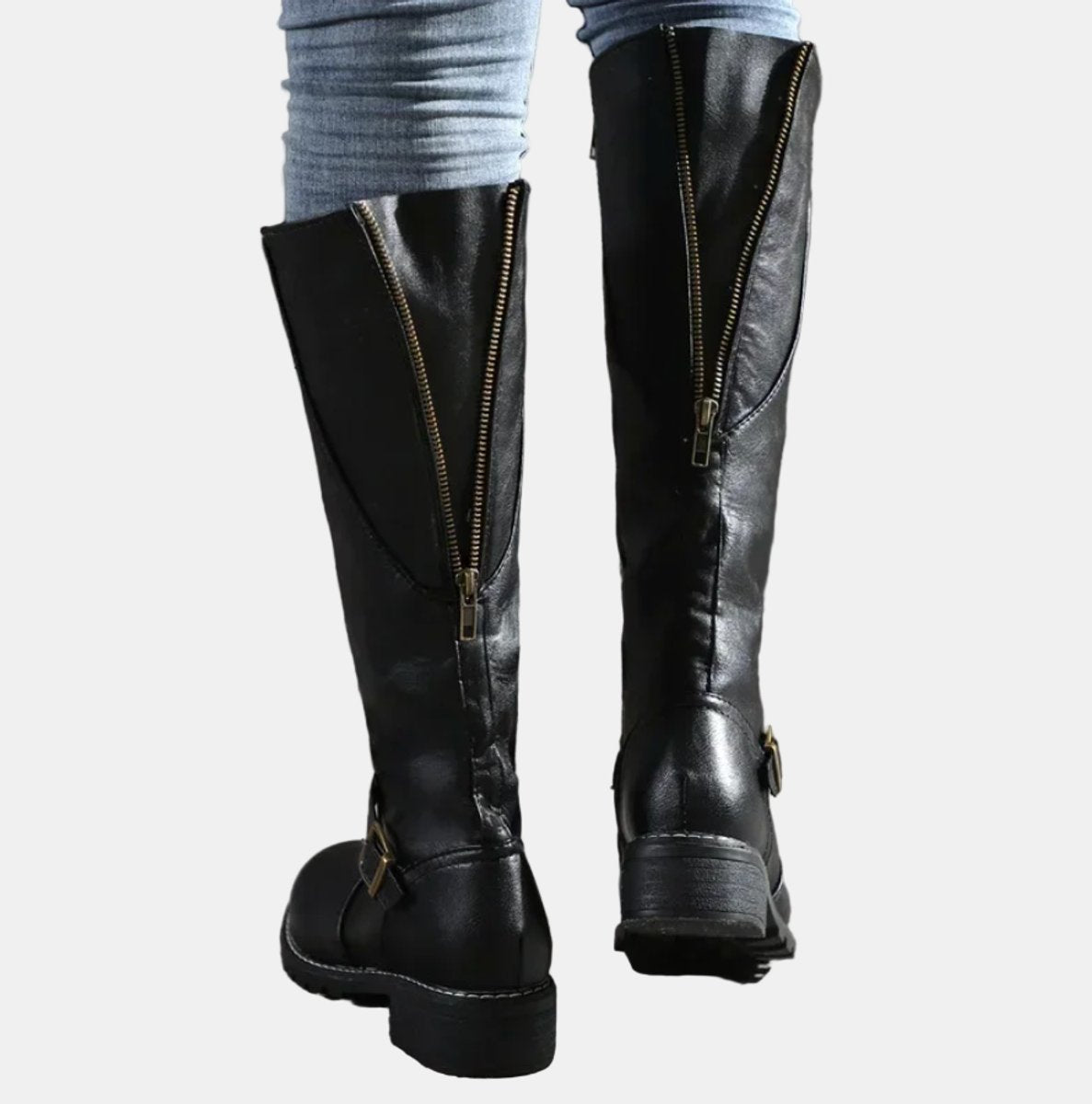 Damen kniehohe Kunstlederstiefel mit Schnalle und seitlichem Reißverschluss