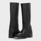 Damen kniehohe Lederstiefel im Western-Stil mit Blockabsatz