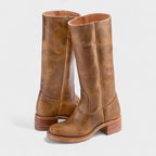 Damen kniehohe Lederstiefel im Western-Stil mit Blockabsatz