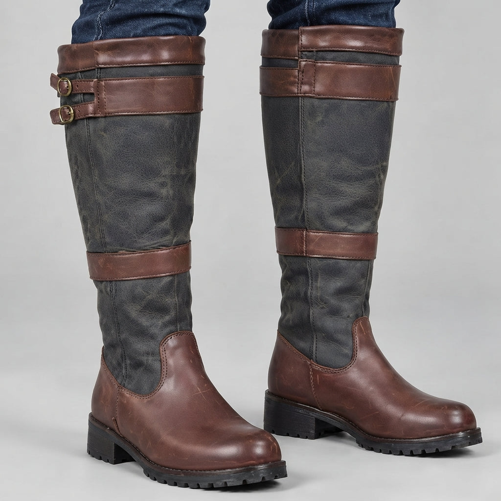 Damen Kniehohe Lederstiefel im Reitstiefel-Look – Wasserdichte Winterstiefel mit Schnallen