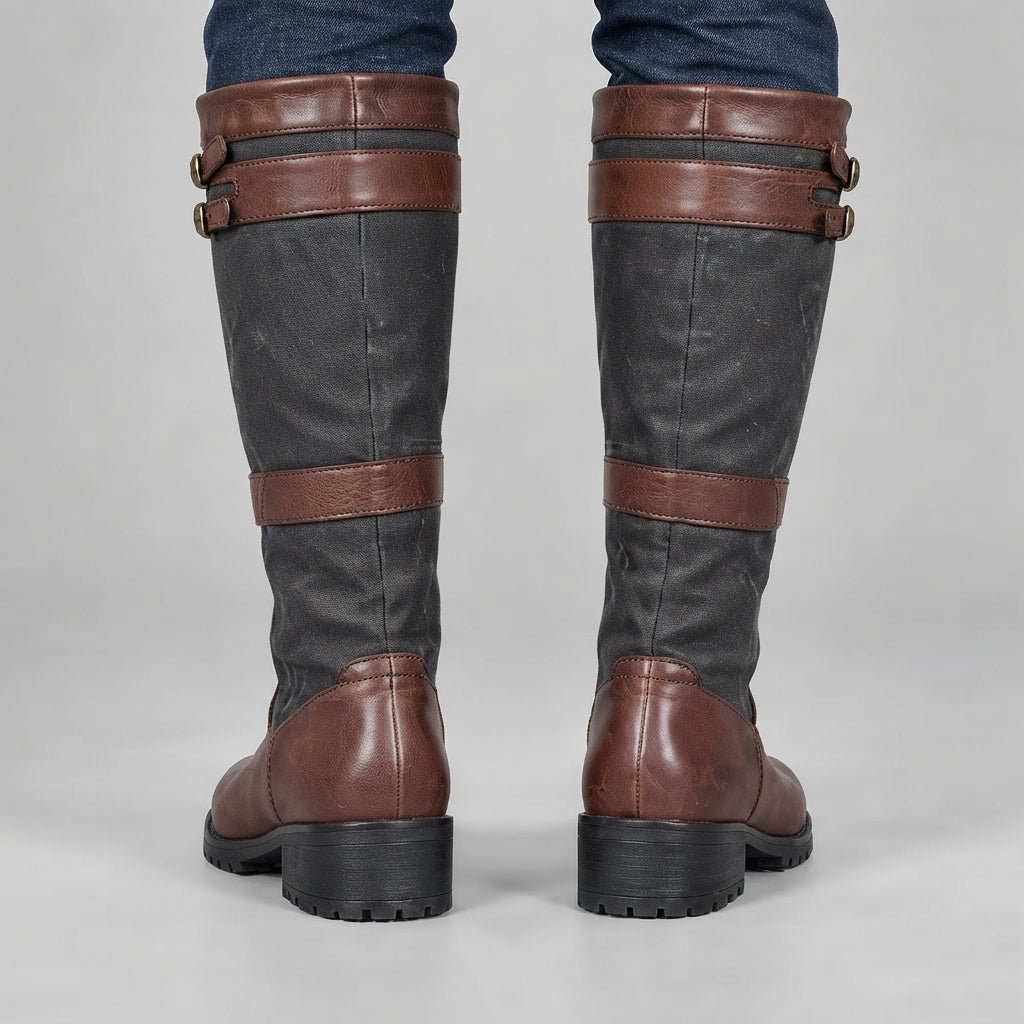 Damen Kniehohe Lederstiefel im Reitstiefel-Look – Wasserdichte Winterstiefel mit Schnallen