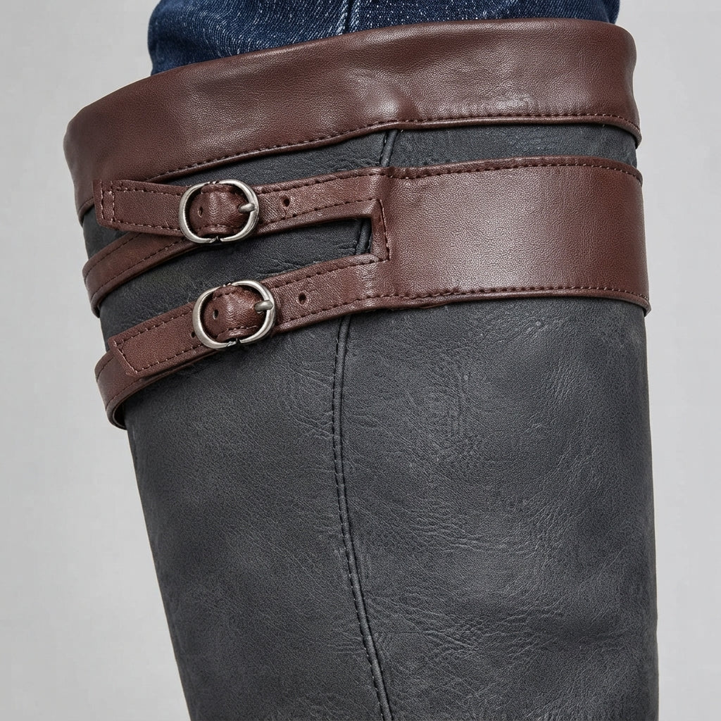 Damen Kniehohe Lederstiefel im Reitstiefel-Look – Wasserdichte Winterstiefel mit Schnallen