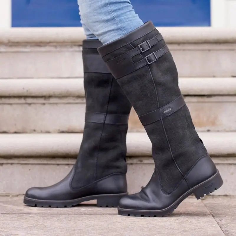 Damen Kniehohe Lederstiefel im Reitstiefel-Look – Wasserdichte Winterstiefel mit Schnallen