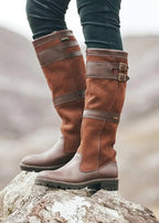 Damen Kniehohe Lederstiefel im Reitstiefel-Look – Wasserdichte Winterstiefel mit Schnallen