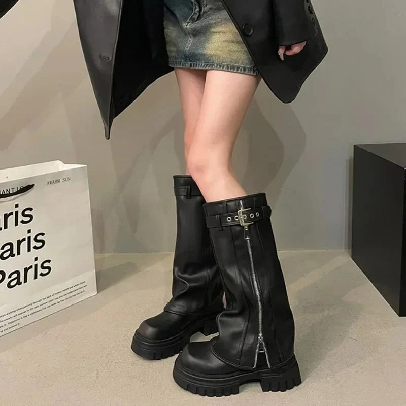 Damen kniehohe Plateau-Stiefel mit rutschfester Sohle