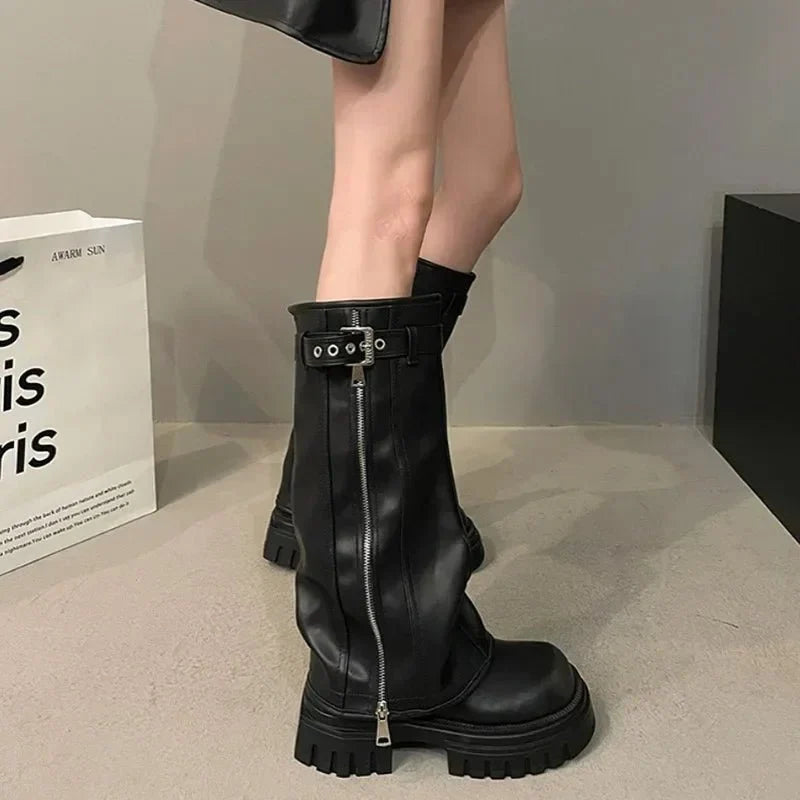 Damen kniehohe Plateau-Stiefel mit rutschfester Sohle