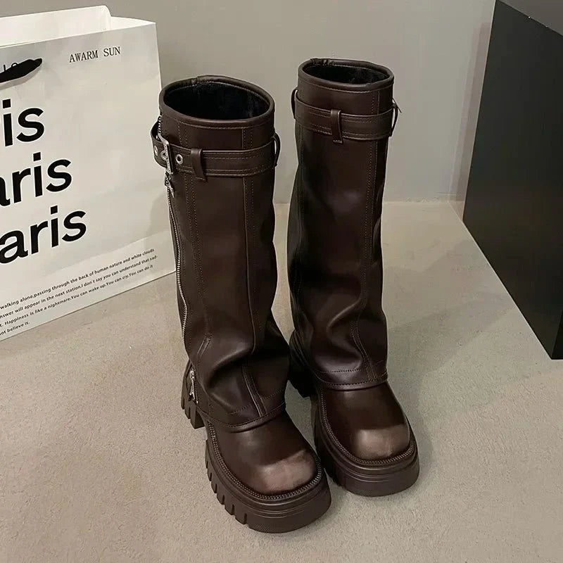 Damen kniehohe Plateau-Stiefel mit rutschfester Sohle
