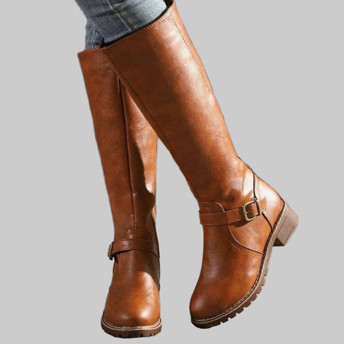 Damen Kniehohe Stiefel aus Kunstleder mit Schnallenriemen – Reiterstiefel mit Reißverschluss, Herbst Winter
