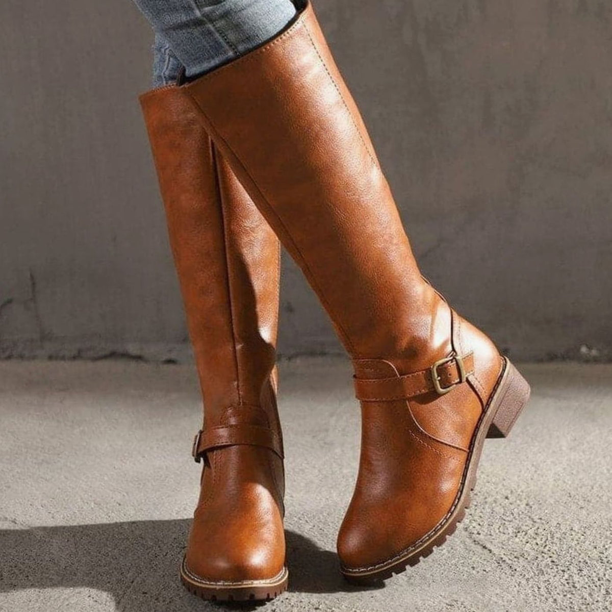 Damen Kniehohe Stiefel aus Kunstleder mit Schnallenriemen – Reiterstiefel mit Reißverschluss, Herbst Winter
