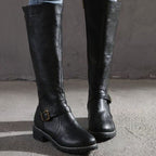 Damen Kniehohe Stiefel aus Kunstleder mit Schnallenriemen – Reiterstiefel mit Reißverschluss, Herbst Winter