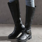 Damen Kniehohe Stiefel aus Kunstleder mit Schnallenriemen – Reiterstiefel mit Reißverschluss, Herbst Winter