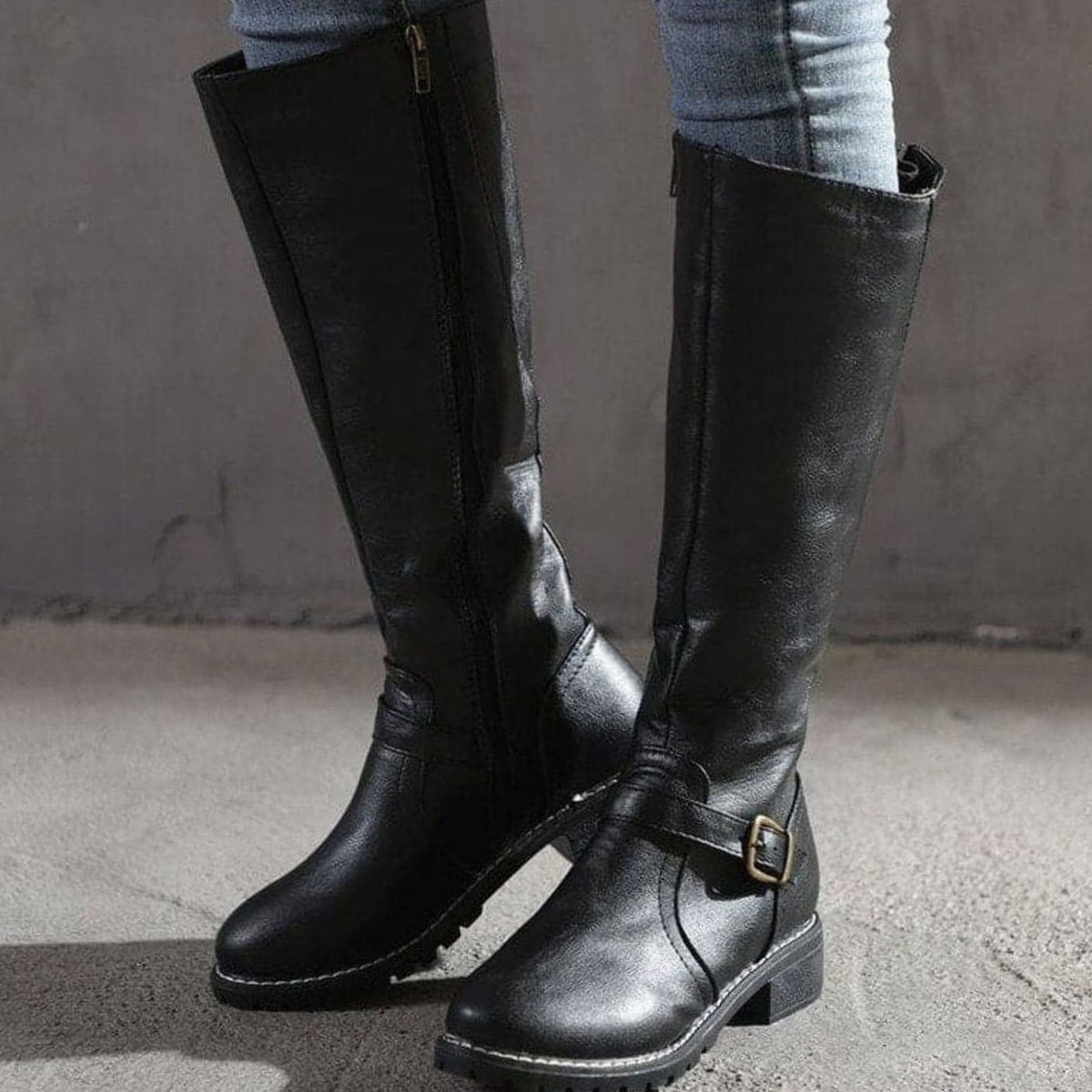 Damen Kniehohe Stiefel aus Kunstleder mit Schnallenriemen – Reiterstiefel mit Reißverschluss, Herbst Winter