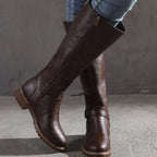 Damen Kniehohe Stiefel aus Kunstleder mit Schnallenriemen – Reiterstiefel mit Reißverschluss, Herbst Winter