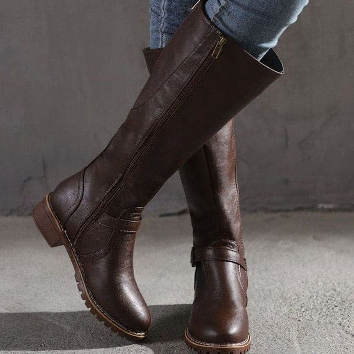 Damen Kniehohe Stiefel aus Kunstleder mit Schnallenriemen – Reiterstiefel mit Reißverschluss, Herbst Winter