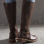 Damen Kniehohe Stiefel aus Kunstleder mit Schnallenriemen – Reiterstiefel mit Reißverschluss, Herbst Winter