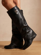 Damen Kniehohe Stiefel Schwarz mit Umschlag – Kunstleder Faltstiefel mit Keilabsatz, Herbst Winter