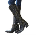 Damen Kniehohe Westernstiefel mit Nieten – Cowboystiefel mit spitzer Zehenpartie, Herbst Winter