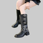 Damen kniehohe Stiefel mit verstellbaren Schnallen