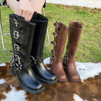 Damen kniehohe Stiefel mit verstellbaren Schnallen