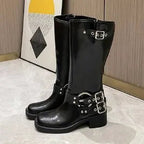 Damen kniehohe Stiefel mit verstellbaren Schnallen