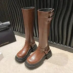 Damen kniehohe Stiefel mit verstellbaren Schnallen