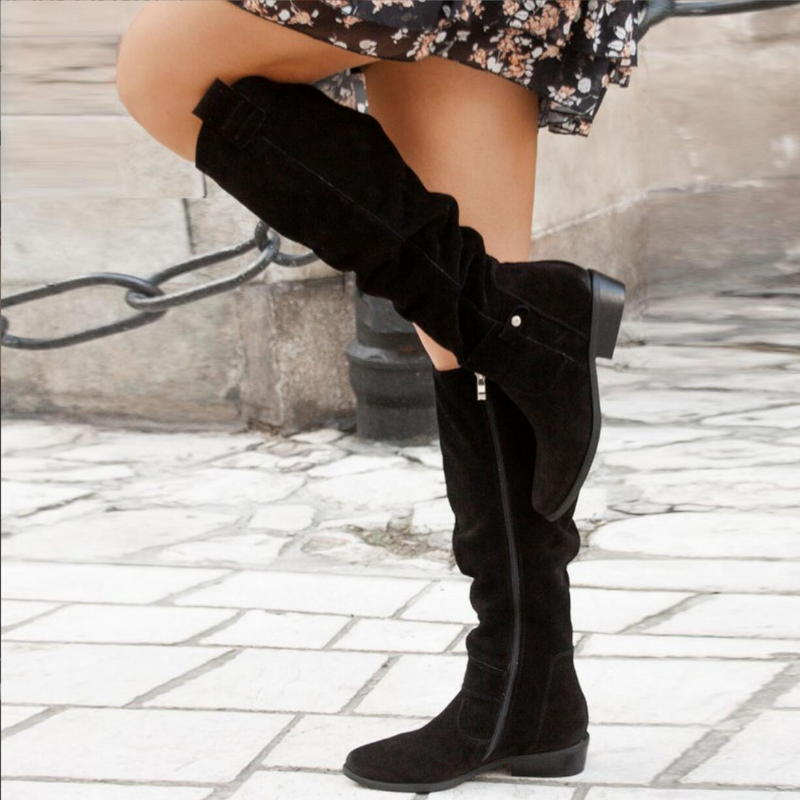 Damen kniehohe flache Stiefel mit Seitenreißverschluss